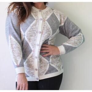 Dana Scott Vintage Argyle Geometric Knit Cardigan 1970s Dad Grandpa Sweater XL